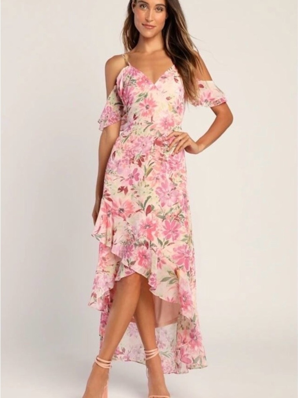 Lulu's Pink Floral Cold-Shoulder High-Low Maxi Dress